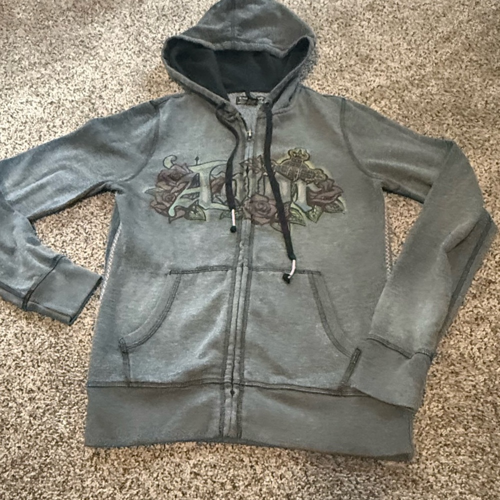 Vintage Inspired LUCKY BRAND Amor Distressed Black Gray Hoodie Women’s Smalll